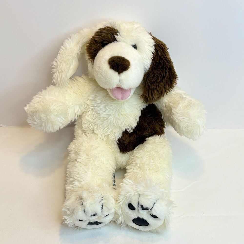 Rare Vintage 16” Build A Bear Workshop White Puppy Shaggy Dog Brown Spots Plush